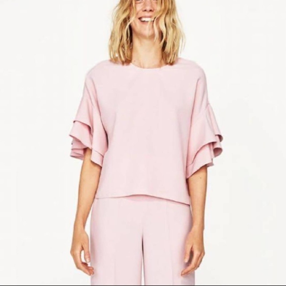 Zara Trafaluc blush Pink Ruffle Sleeve Shirt MED - Picture 2 of 10